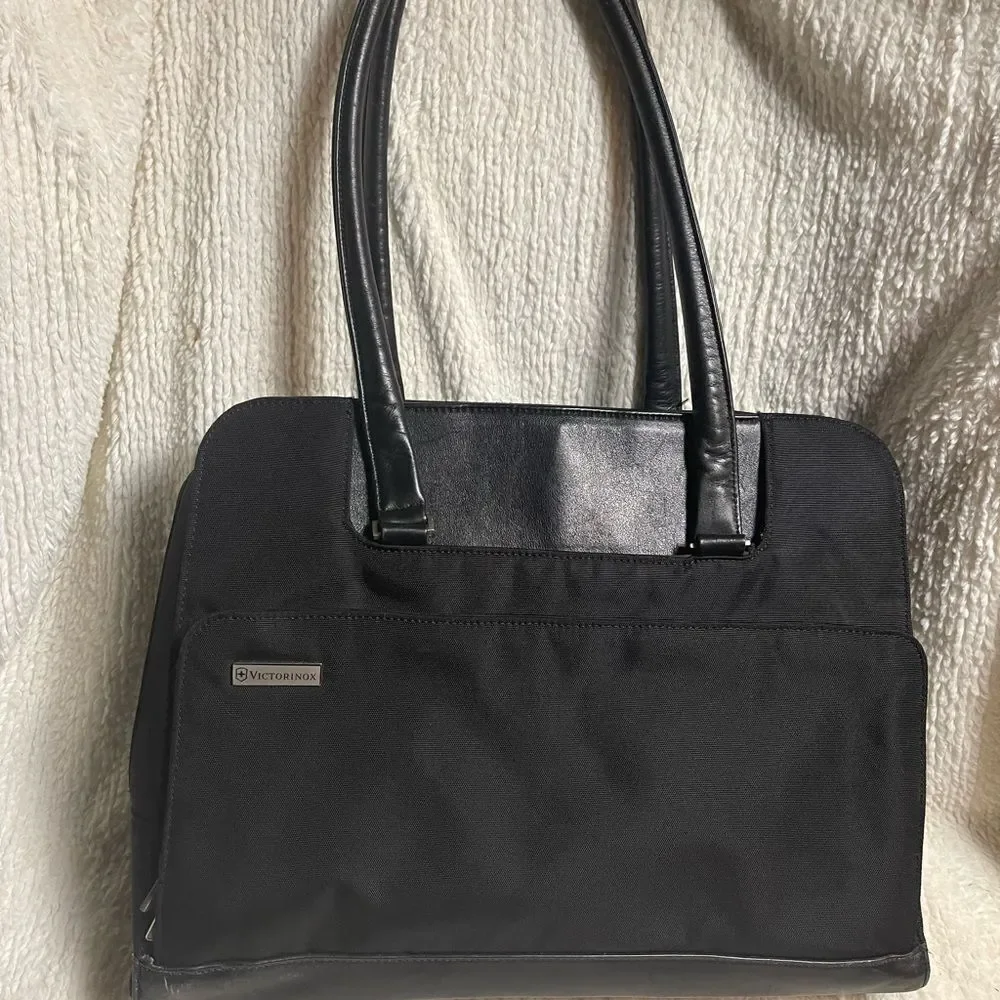 Victorinox Swiss Black Canvas &leather laptop Bag Briefcase silver tone hardware
